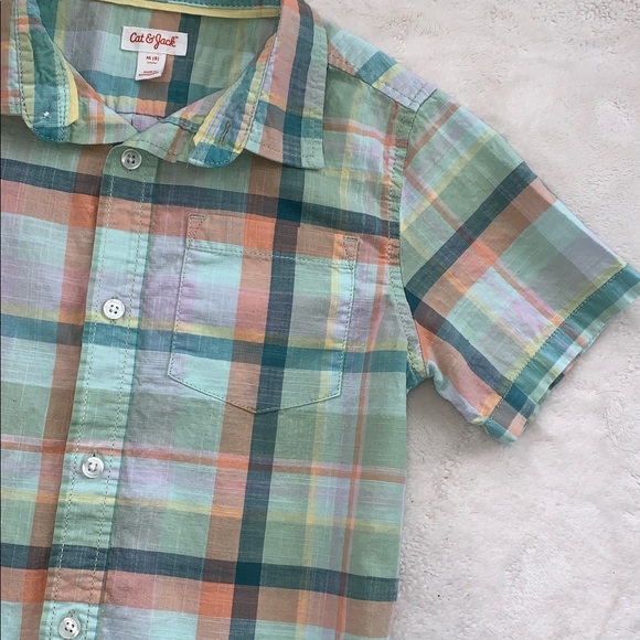 Cat & Jack Button Down Shirt 8 Short Sleeves Mint Green Orange EUC - Picture 4 of 9